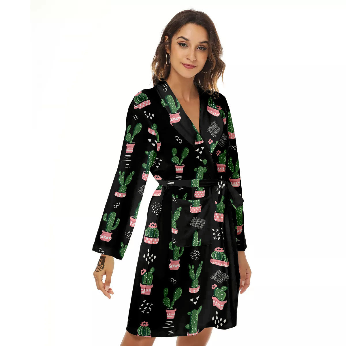 Plant Cute Cactus Print Pattern Women's Robe-grizzshop
