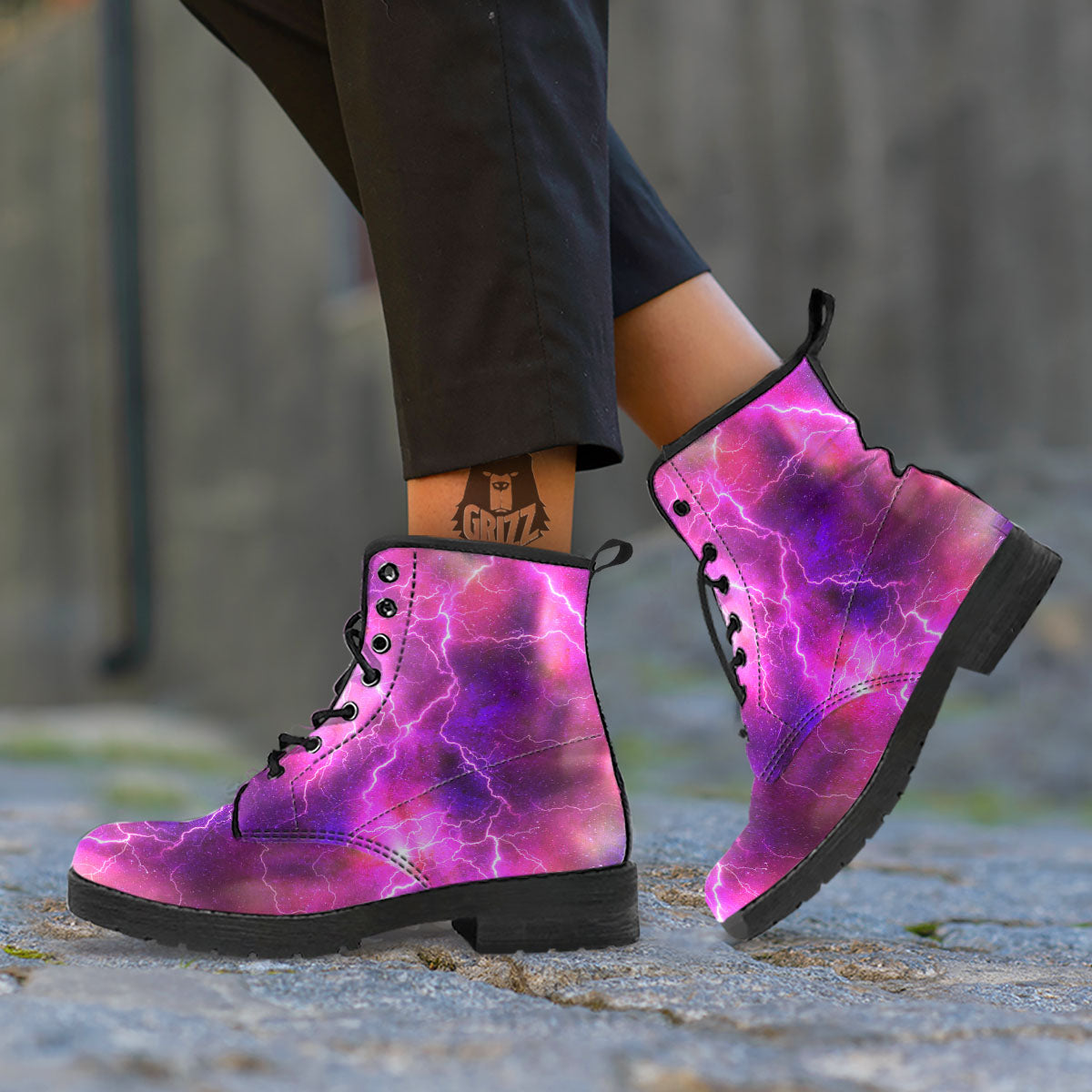 Plasma Lightning Print Leather Boots-grizzshop
