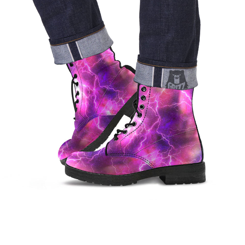 Plasma Lightning Print Leather Boots-grizzshop