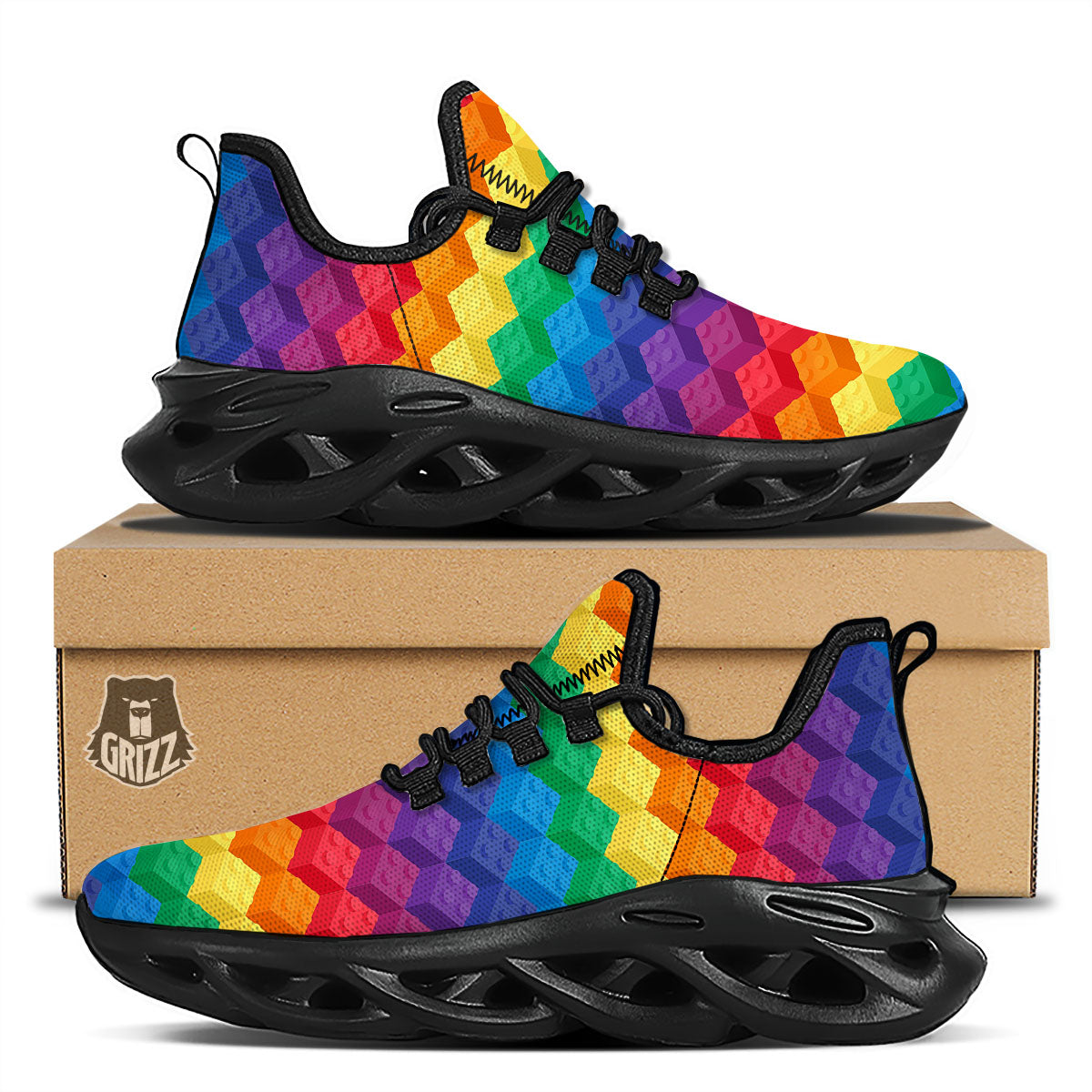 Plastic Blocks Building Print Pattern Black Running Shoes-grizzshop