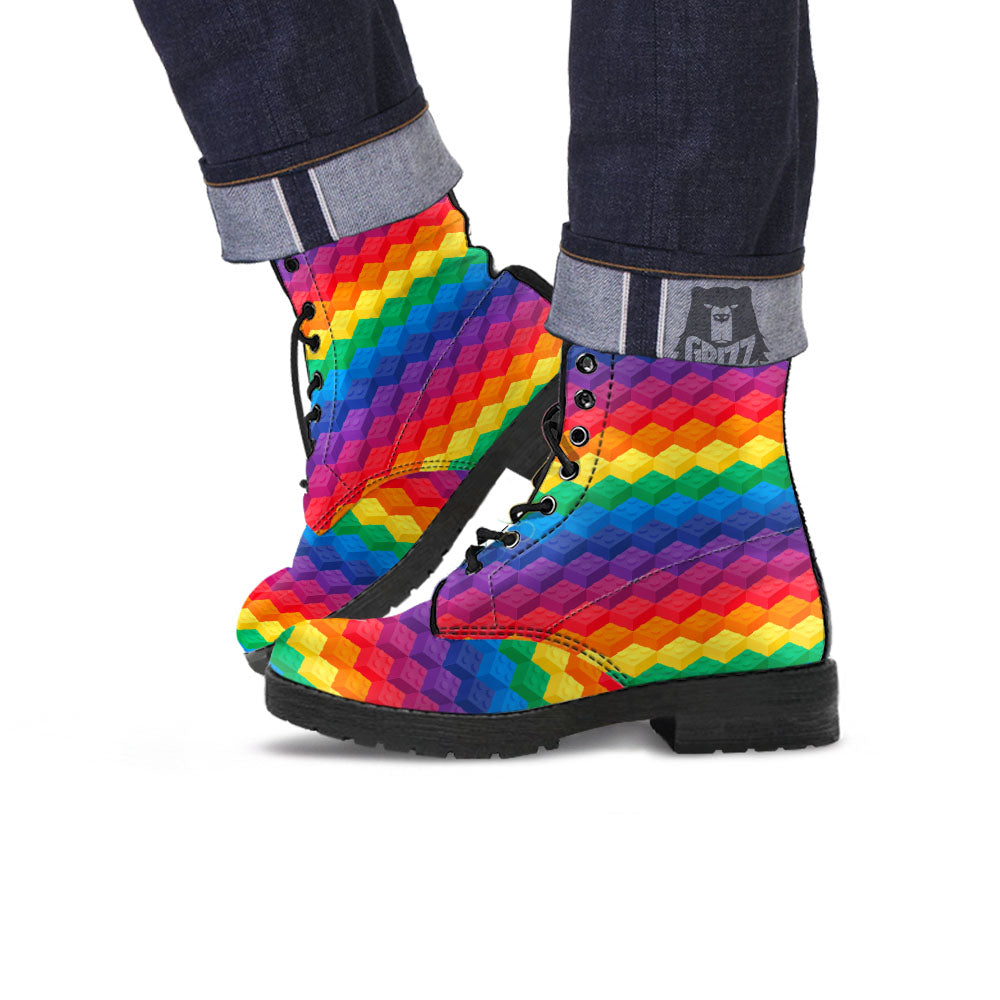Plastic Blocks Building Print Pattern Leather Boots-grizzshop