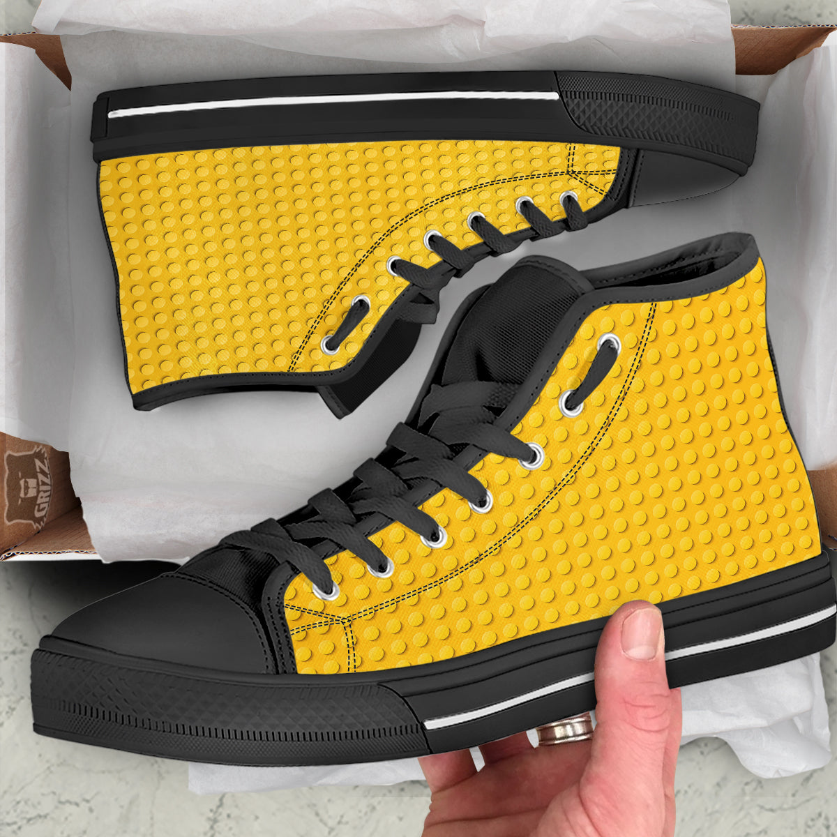 Plastic Building Blocks Yellow Print Pattern Black High Top Shoes-grizzshop