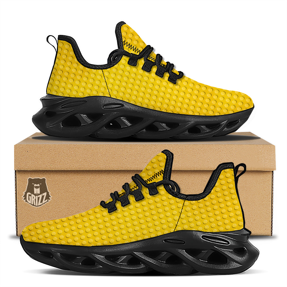 Plastic Building Blocks Yellow Print Pattern Black Running Shoes-grizzshop
