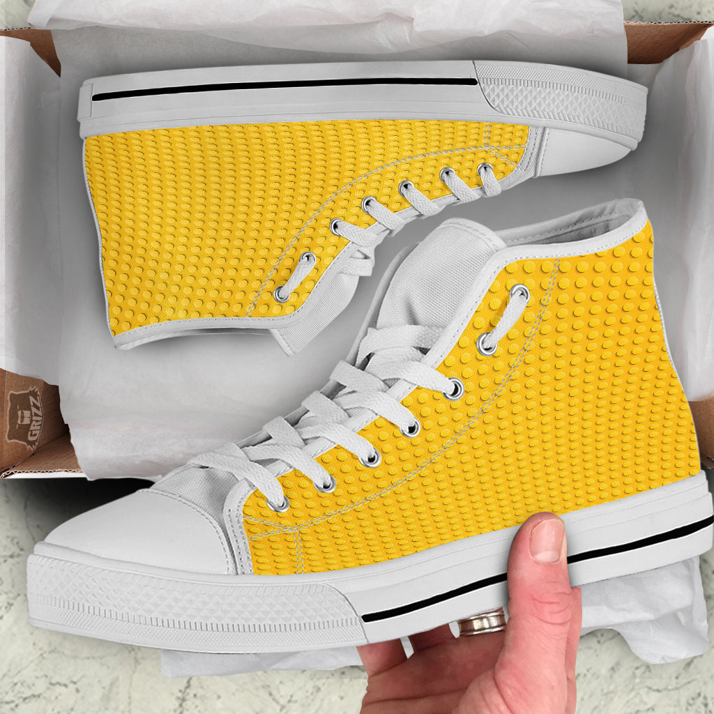 Plastic Building Blocks Yellow Print Pattern White High Top Shoes-grizzshop