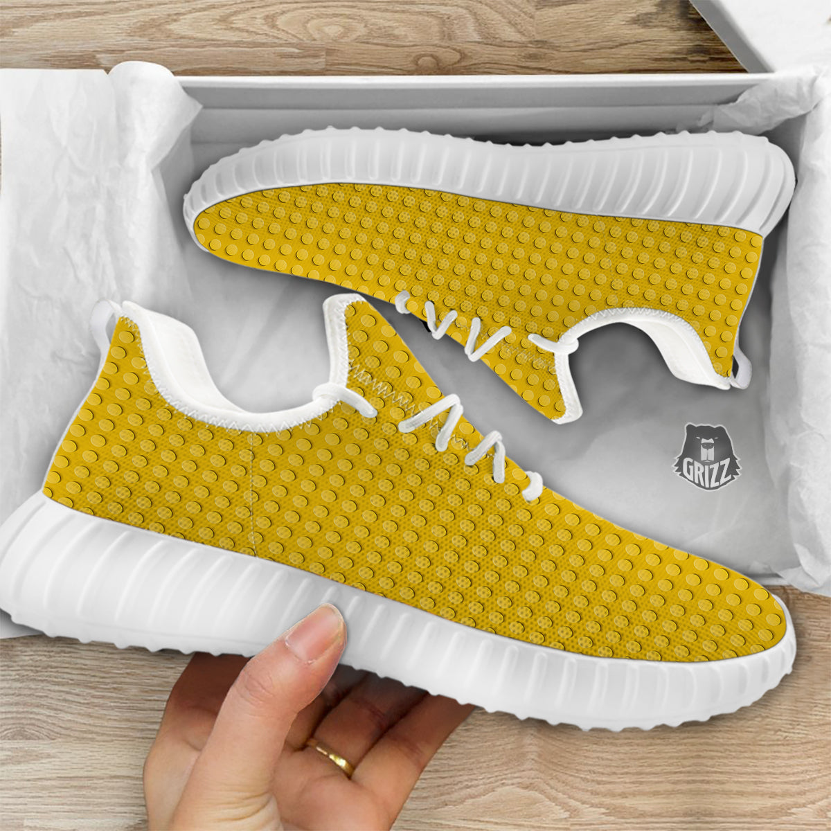 Plastic Building Blocks Yellow Print Pattern White Walking Shoes-grizzshop