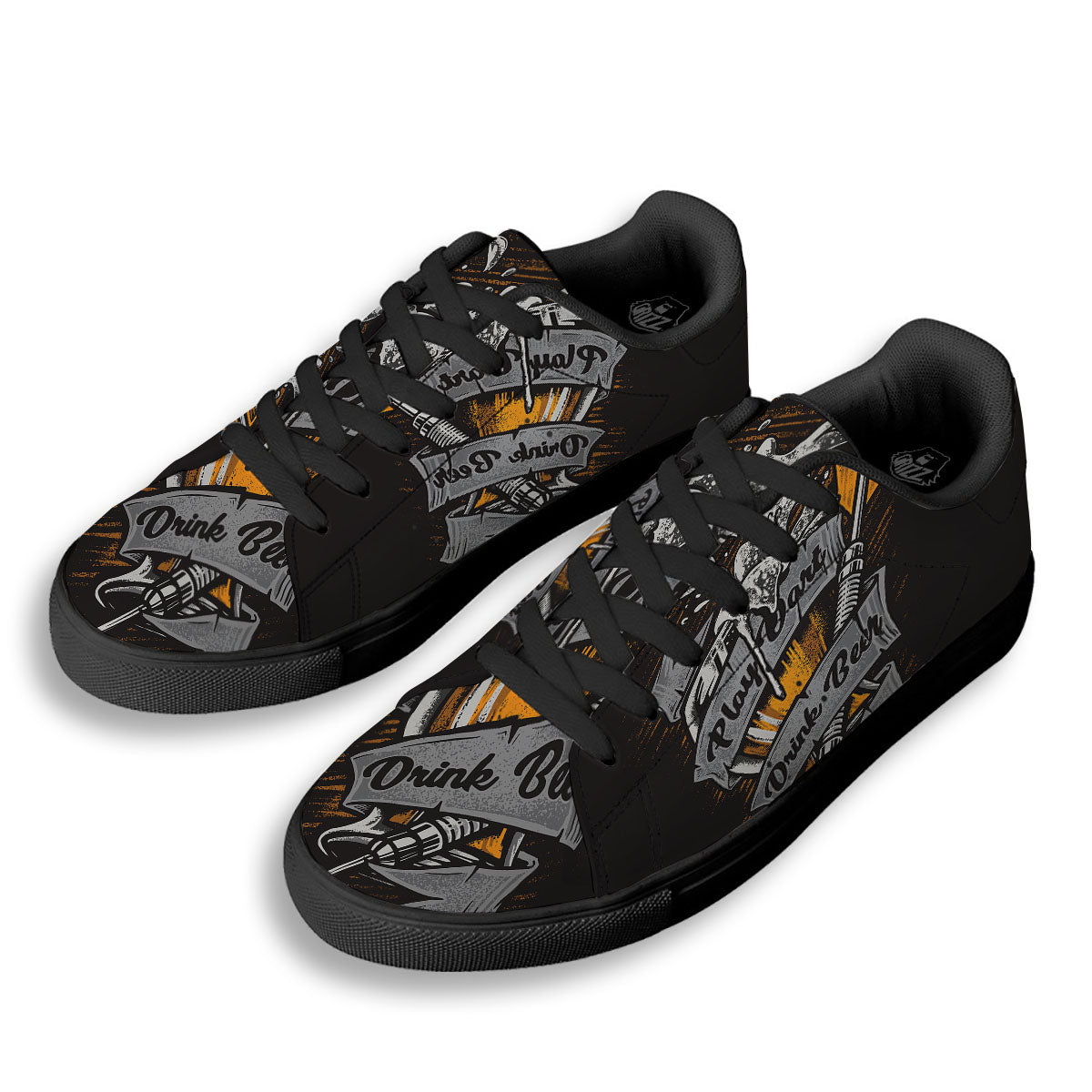 Play Dart Drink Beer Print Black Low Top Sneakers-grizzshop