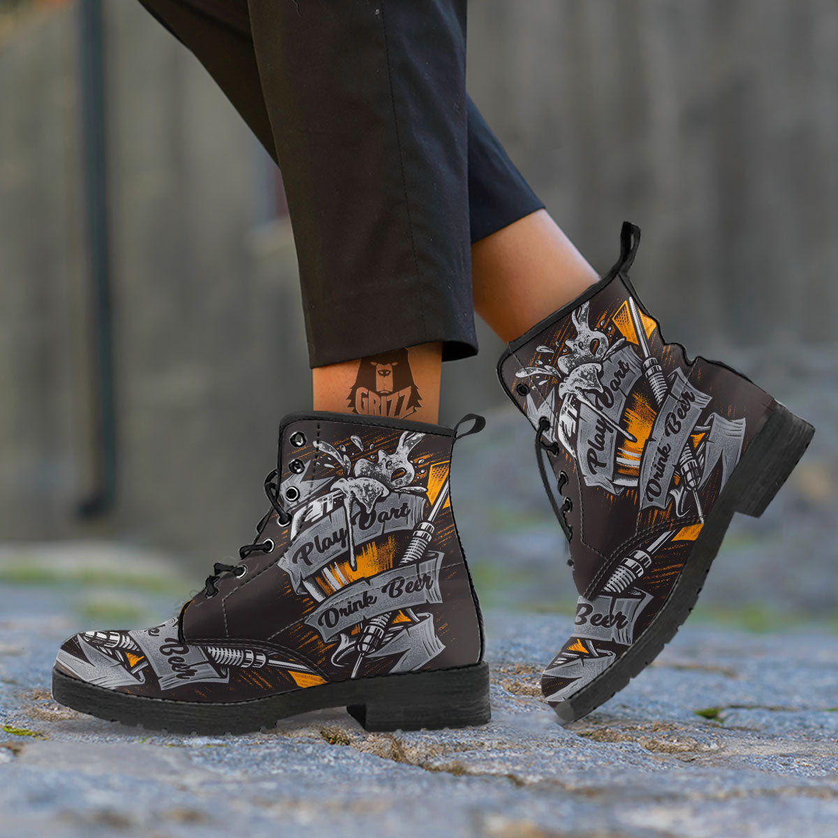 Play Dart Drink Beer Print Leather Boots-grizzshop