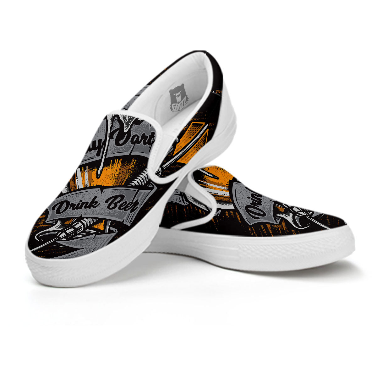 Play Dart Drink Beer Print White Slip On Shoes-grizzshop
