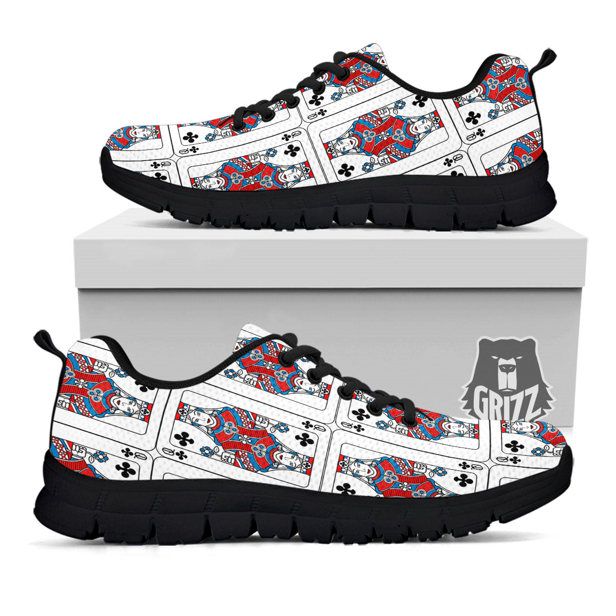 Playing Card Queen Of Clubs Print Pattern Black Sneaker-grizzshop