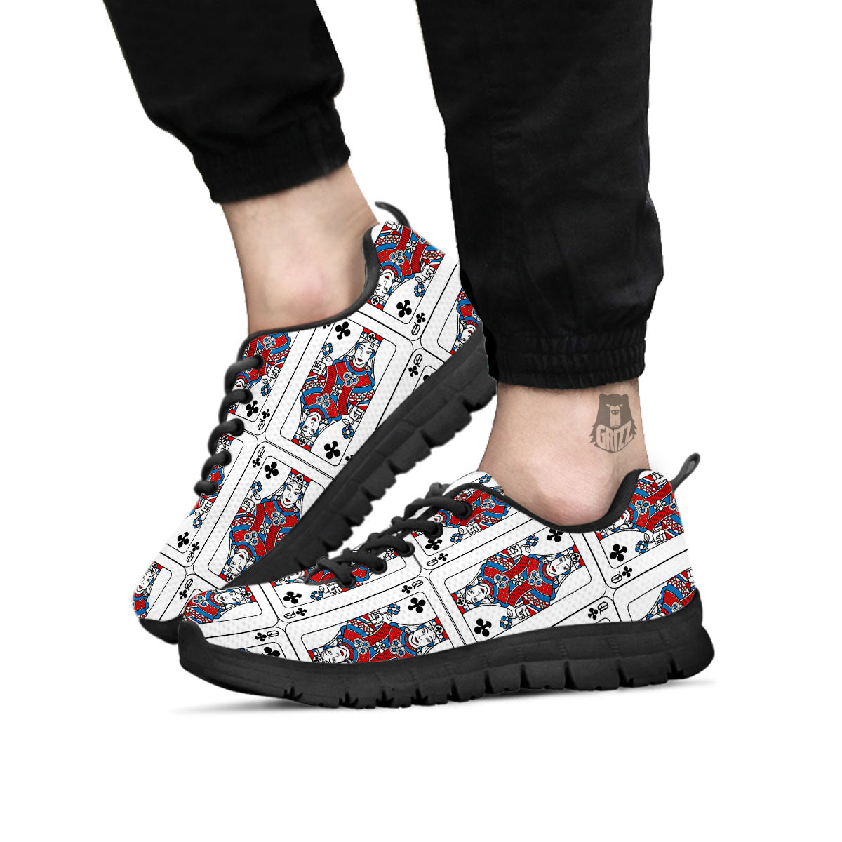 Playing Card Queen Of Clubs Print Pattern Black Sneaker-grizzshop