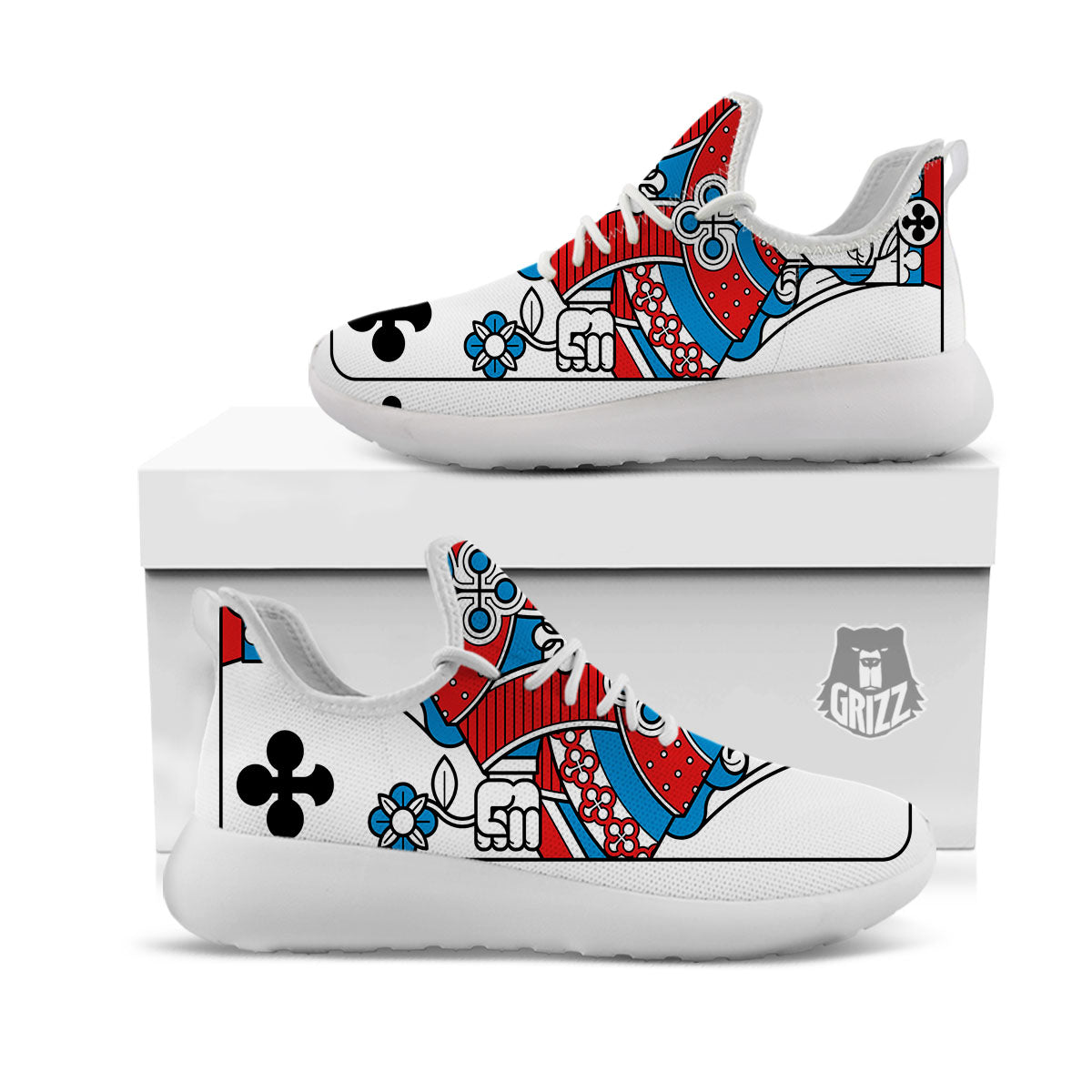 Playing Card Queen Of Clubs Print White Athletic Shoes-grizzshop