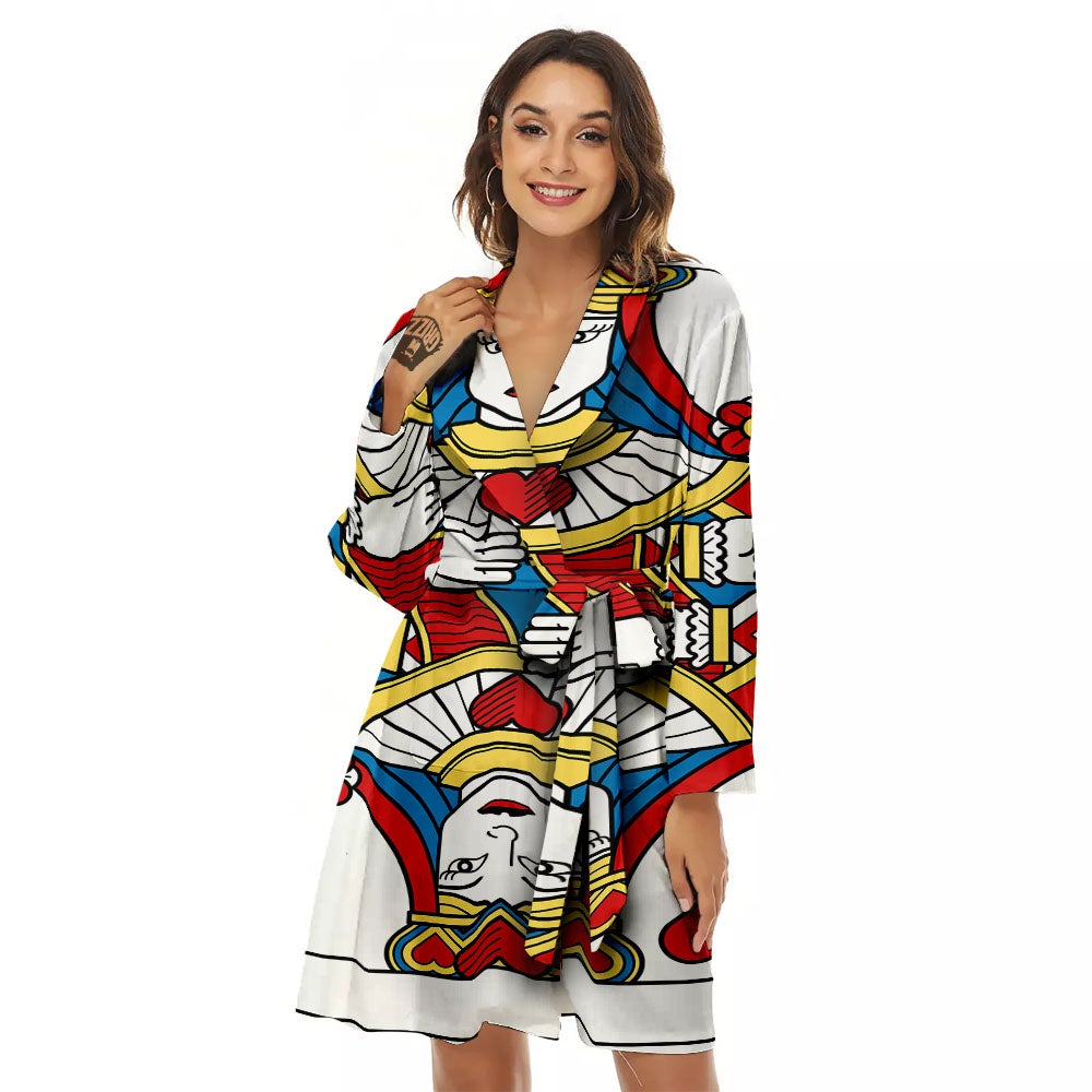 Playing Card Queen Of Hearts Print Women's Robe-grizzshop