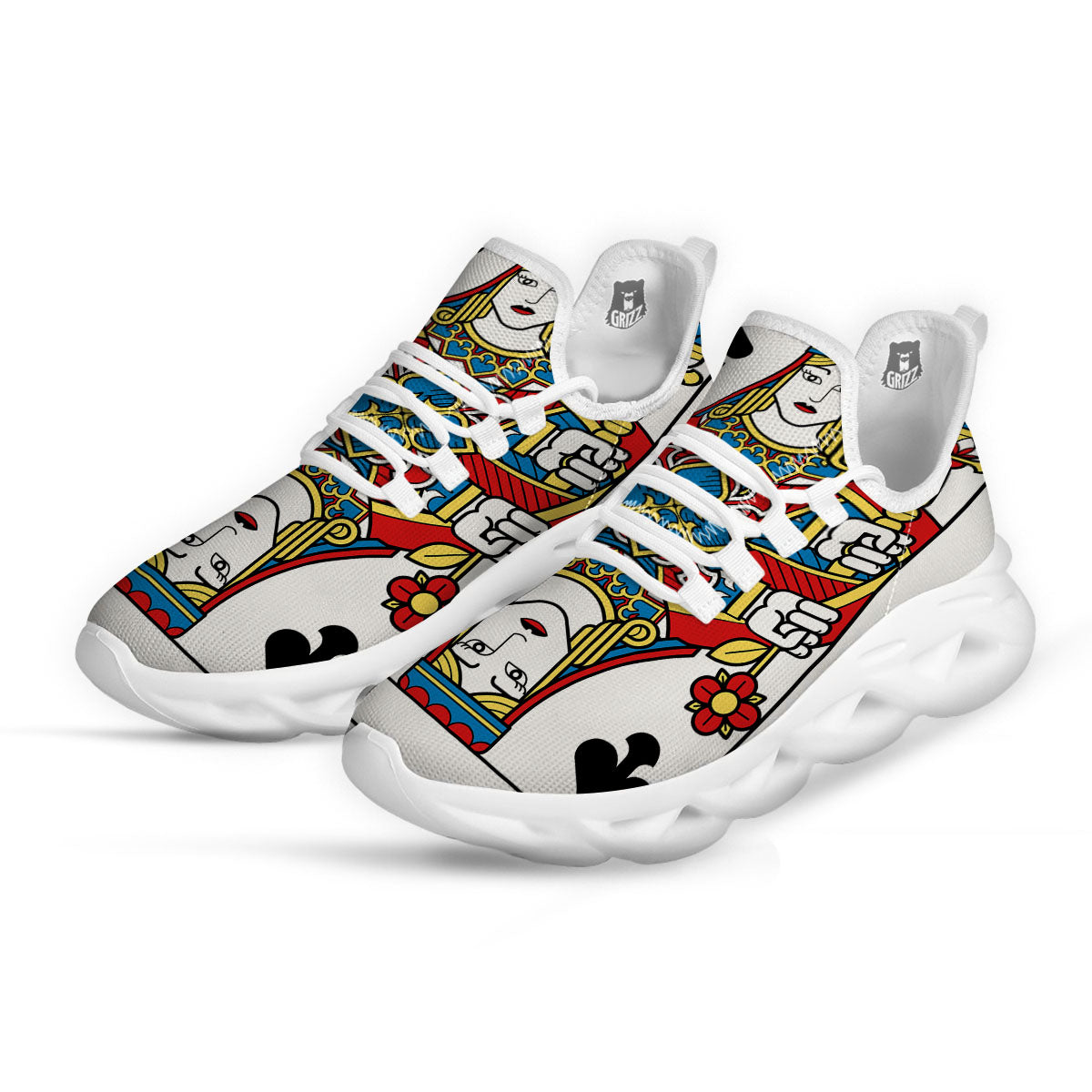 Playing Card Queen Of Spades Print White Running Shoes-grizzshop