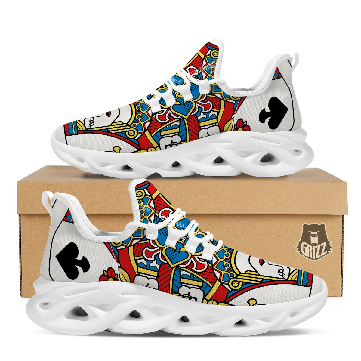 Playing Card Queen Of Spades Print White Running Shoes-grizzshop