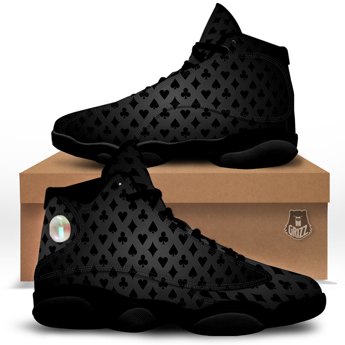 Playing Card Suits Grey And Black Print Black Basketball Shoes-grizzshop