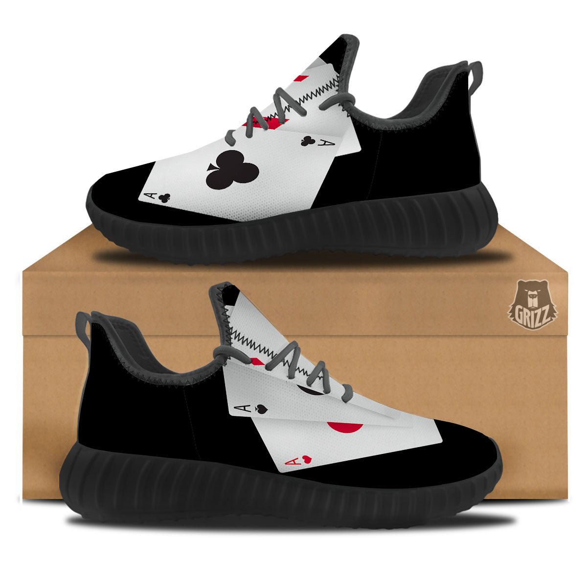 Playing Card Suits White And Black Print Black Walking Shoes-grizzshop