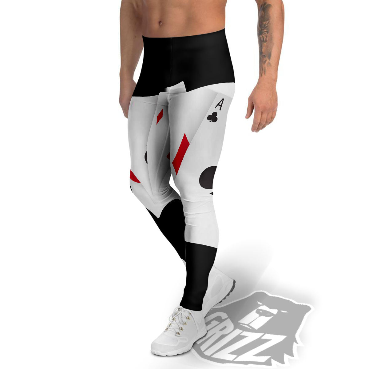 Playing Card Suits White And Black Print Men's Leggings-grizzshop