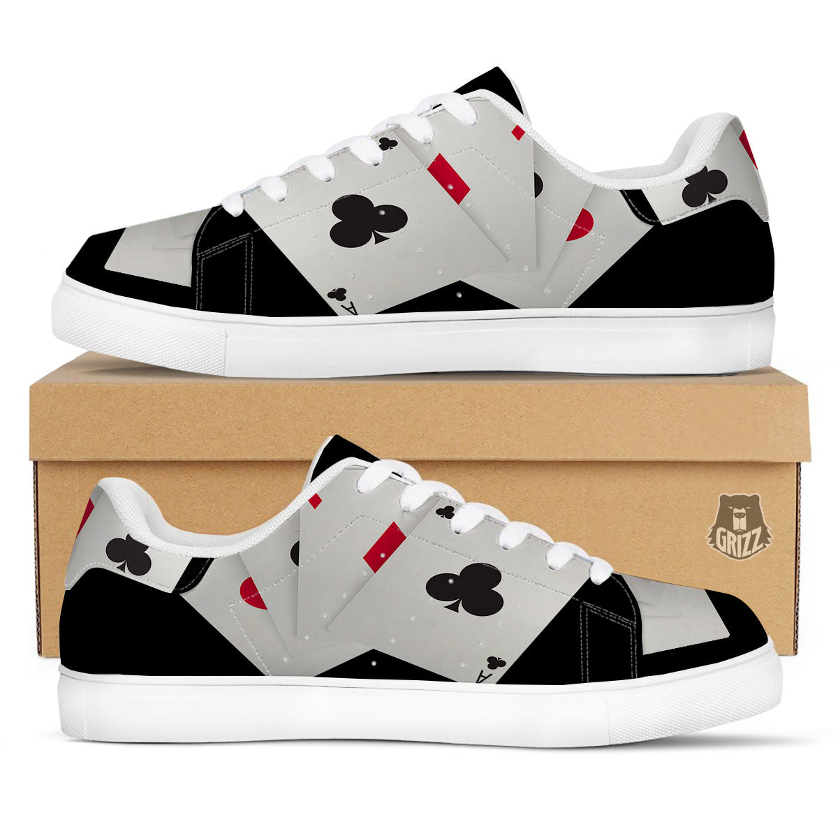 Playing Card Suits White And Black Print White Low Top Sneakers-grizzshop