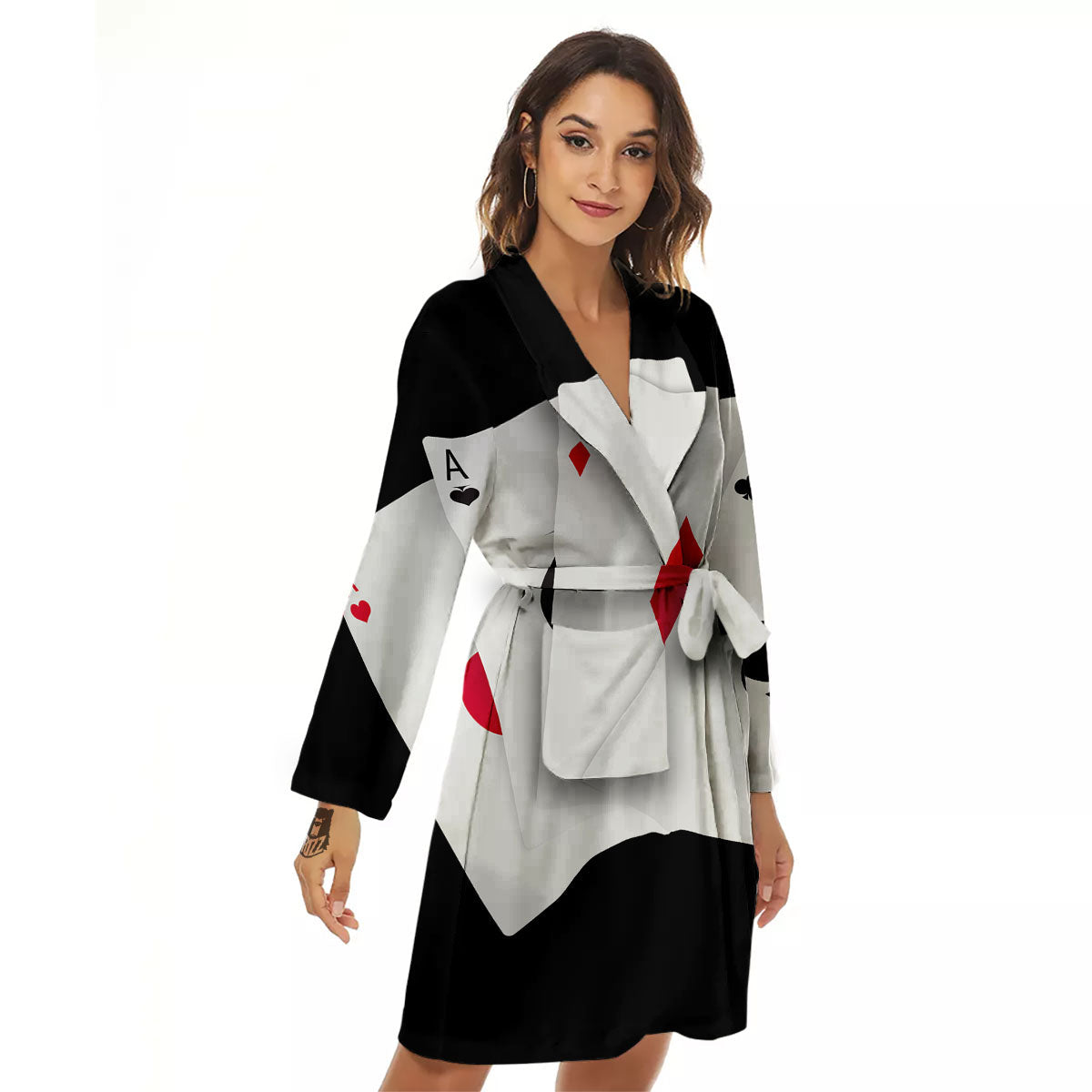Playing Card Suits White And Black Print Women's Robe-grizzshop