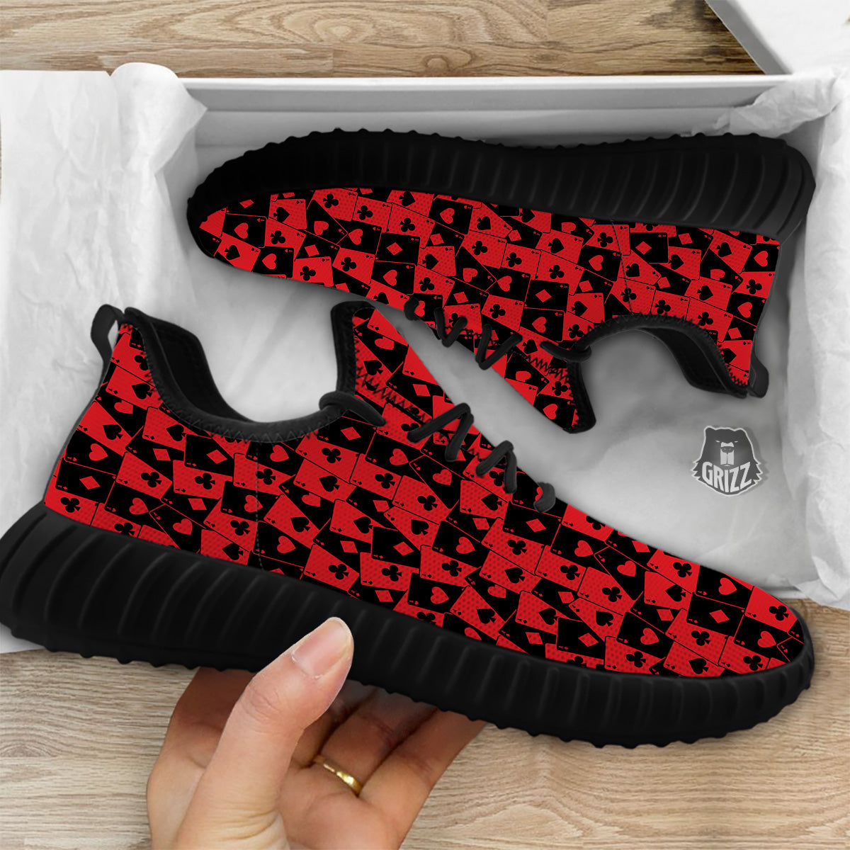 Playing Cards Black Red Print Pattern Black Walking Shoes-grizzshop