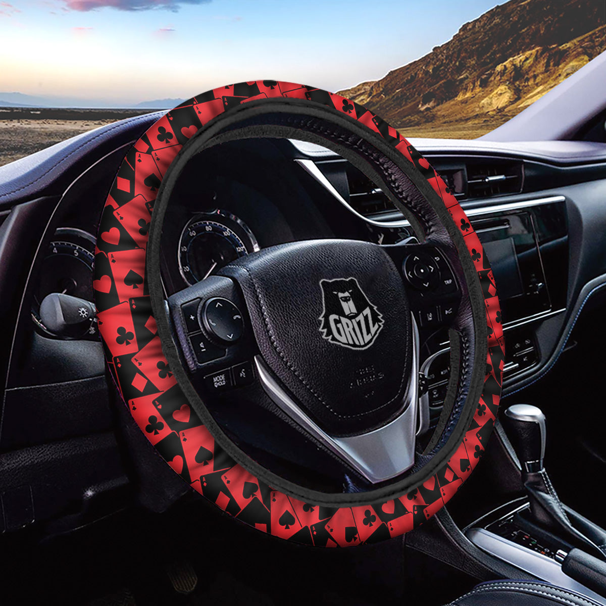 Playing Cards Black Red Print Pattern Car Steering Wheel Cover-grizzshop
