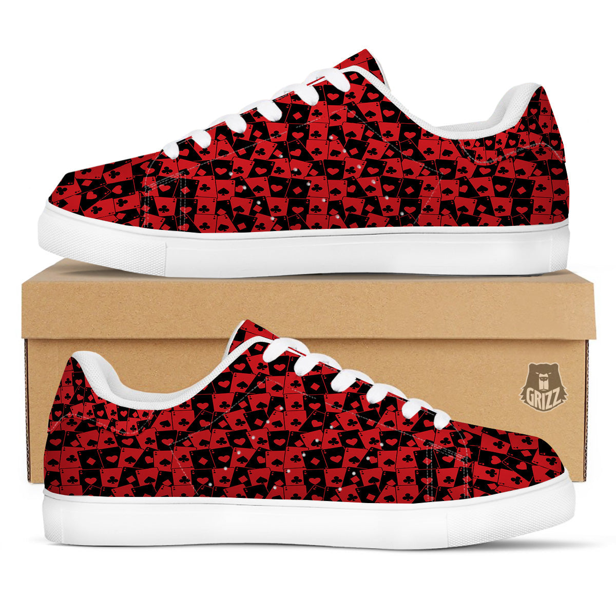 Playing Cards Black Red Print Pattern White Low Top Sneakers-grizzshop