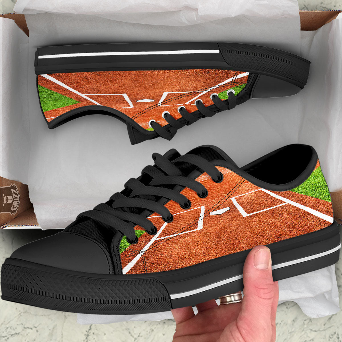 Playing Field Softball Print Black Low Top Shoes-grizzshop