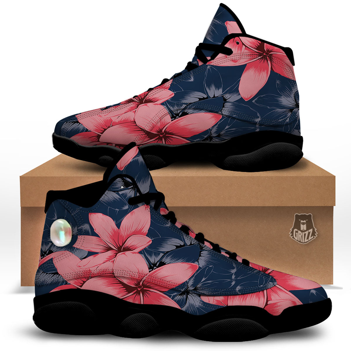 Plumeria Flower Pink Print Black Basketball Shoes-grizzshop