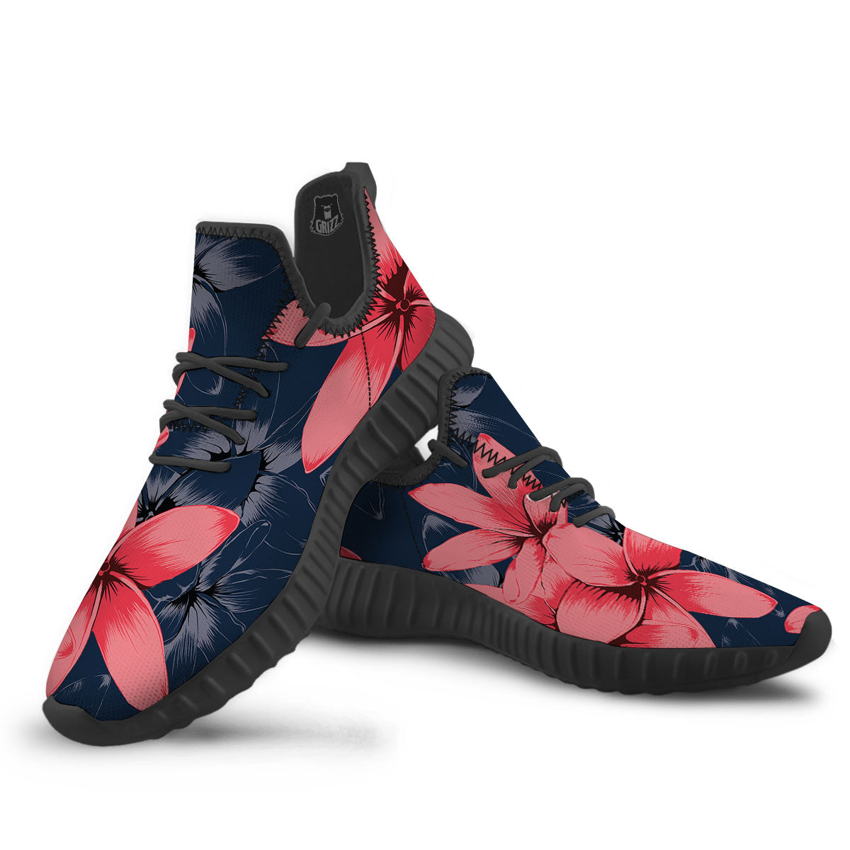 Plumeria Flower Pink Print Black Walking Shoes-grizzshop