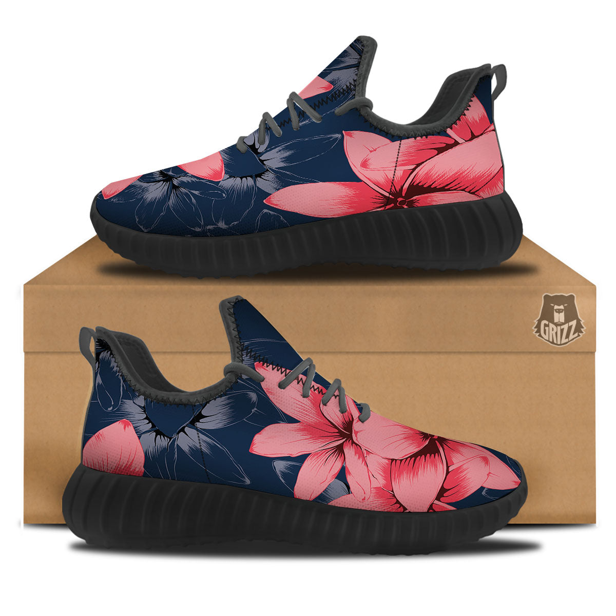 Plumeria Flower Pink Print Black Walking Shoes-grizzshop