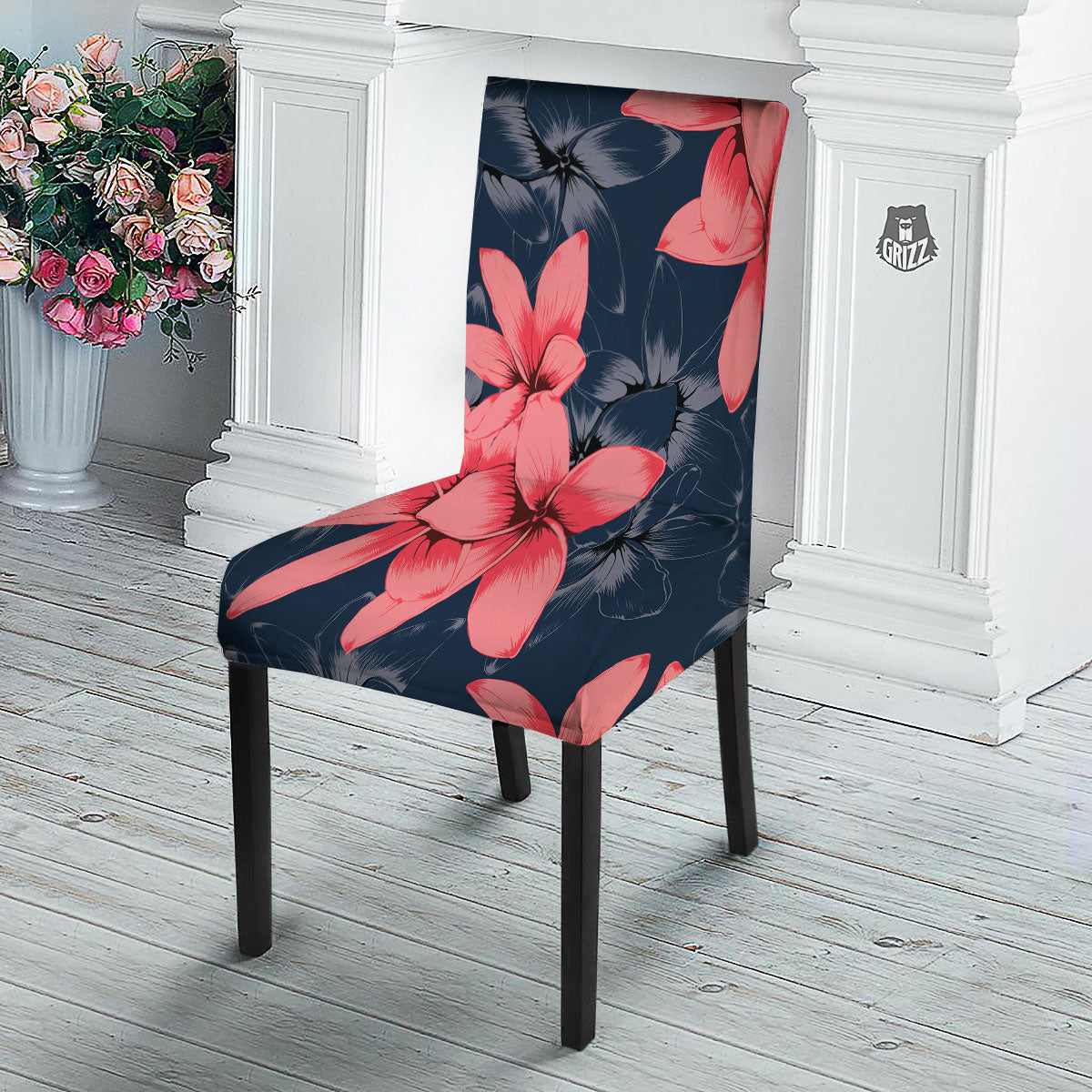 Plumeria Flower Pink Print Dining Chair Slipcover-grizzshop