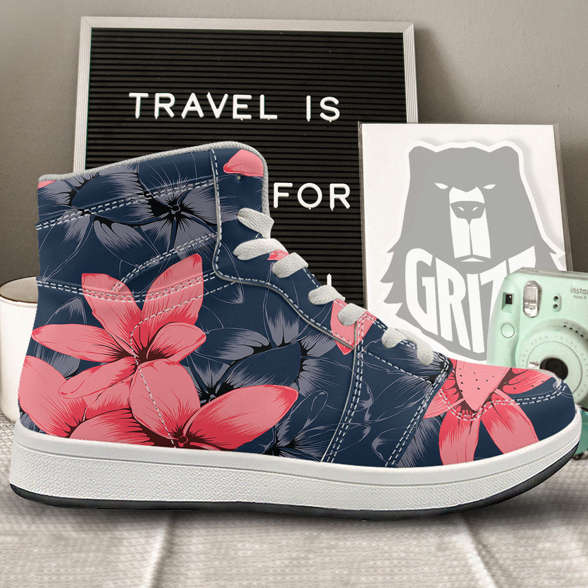 Plumeria Flower Pink Print High Top Sneakers-grizzshop
