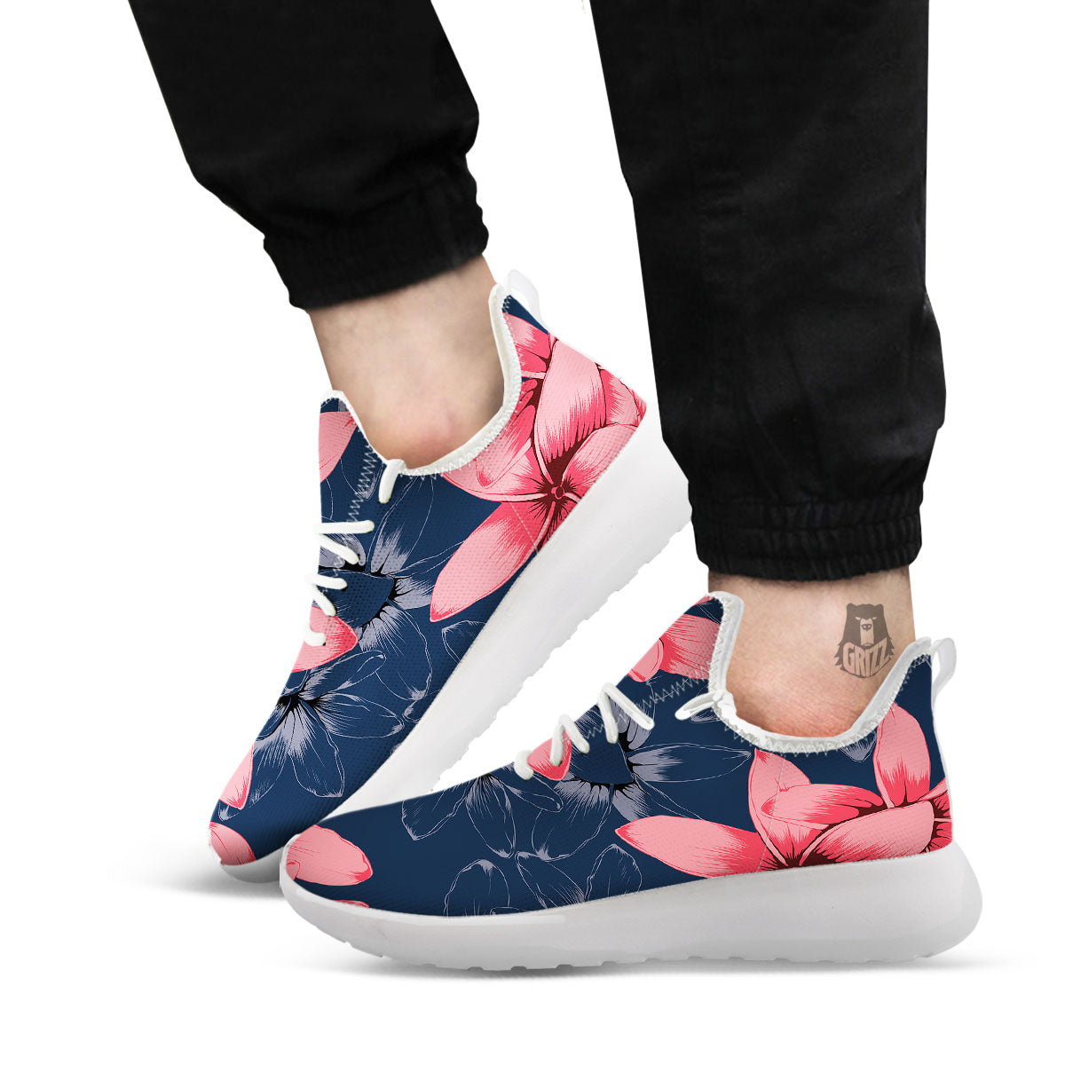 Plumeria Flower Pink Print White Athletic Shoes-grizzshop