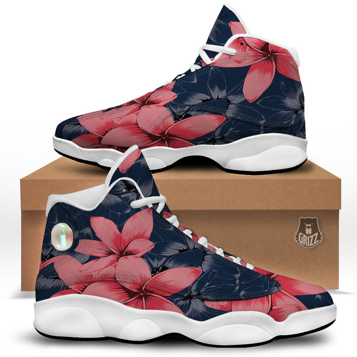 Plumeria Flower Pink Print White Basketball Shoes-grizzshop