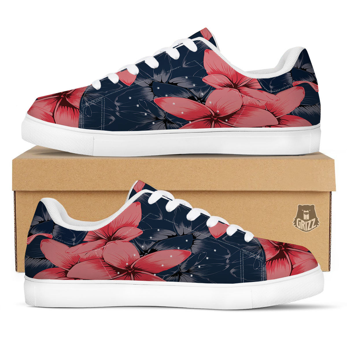Plumeria Flower Pink Print White Low Top Sneakers-grizzshop