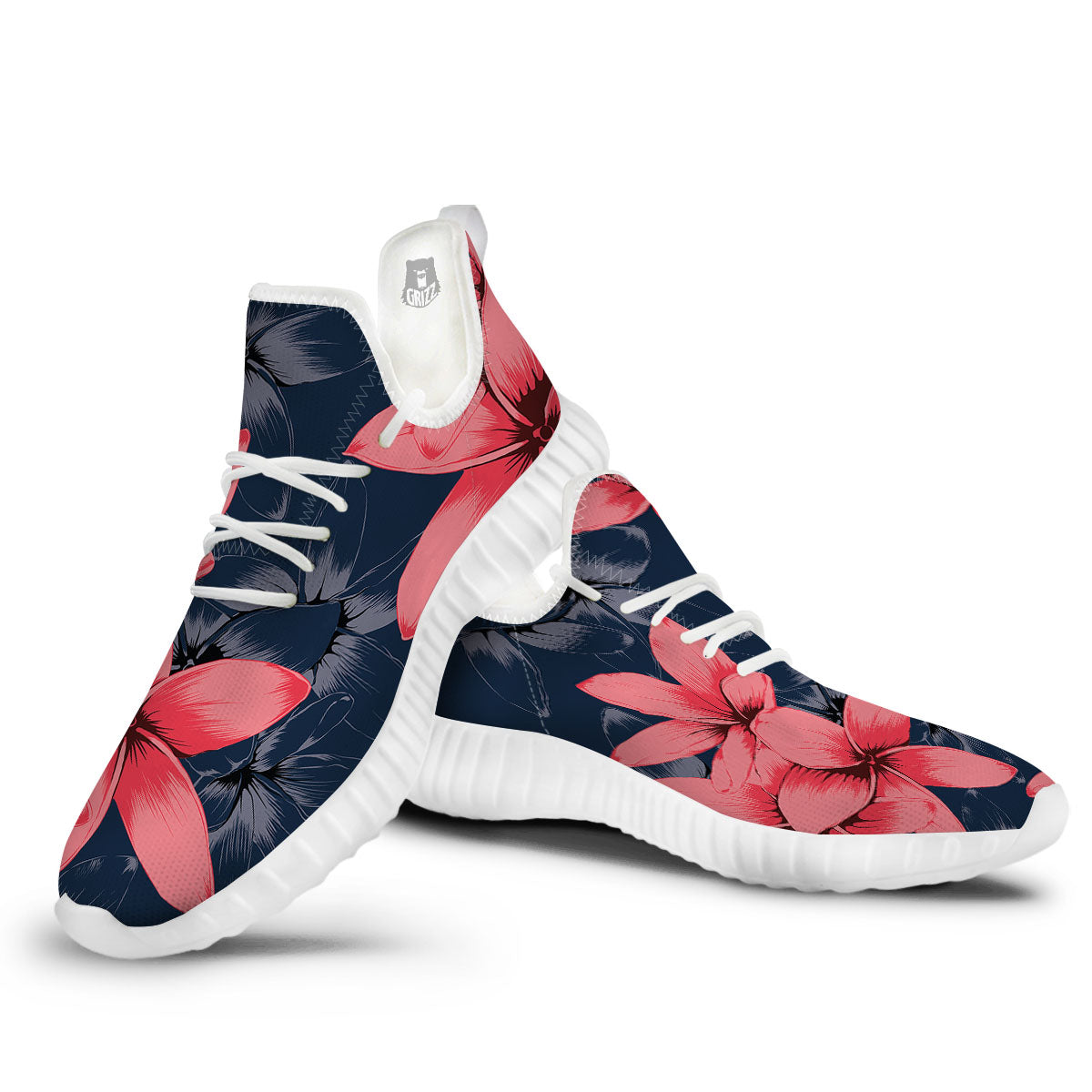 Plumeria Flower Pink Print White Walking Shoes-grizzshop