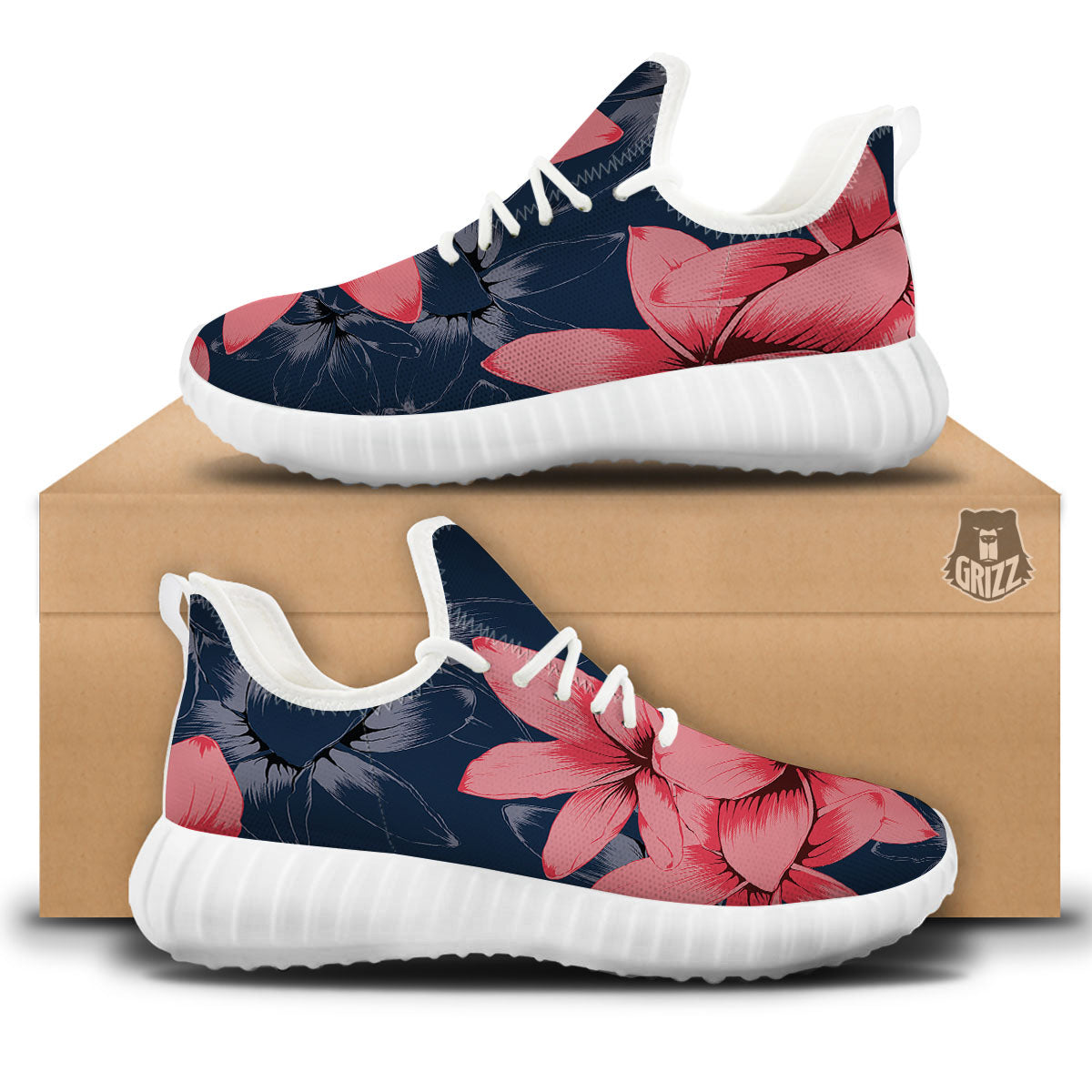 Plumeria Flower Pink Print White Walking Shoes-grizzshop