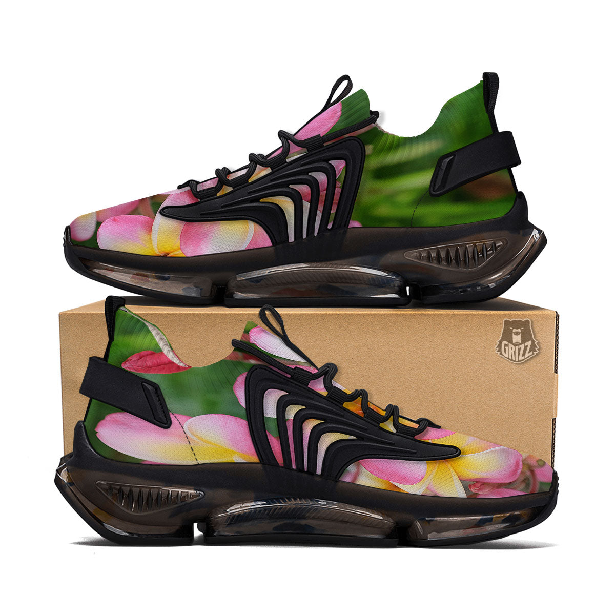Plumeria Flower Yellow And Pink Print Black Gym Shoes-grizzshop