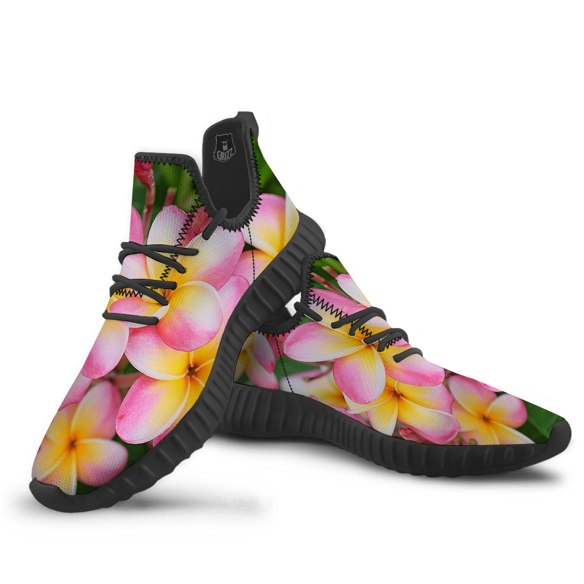 Plumeria Flower Yellow And Pink Print Black Walking Shoes-grizzshop
