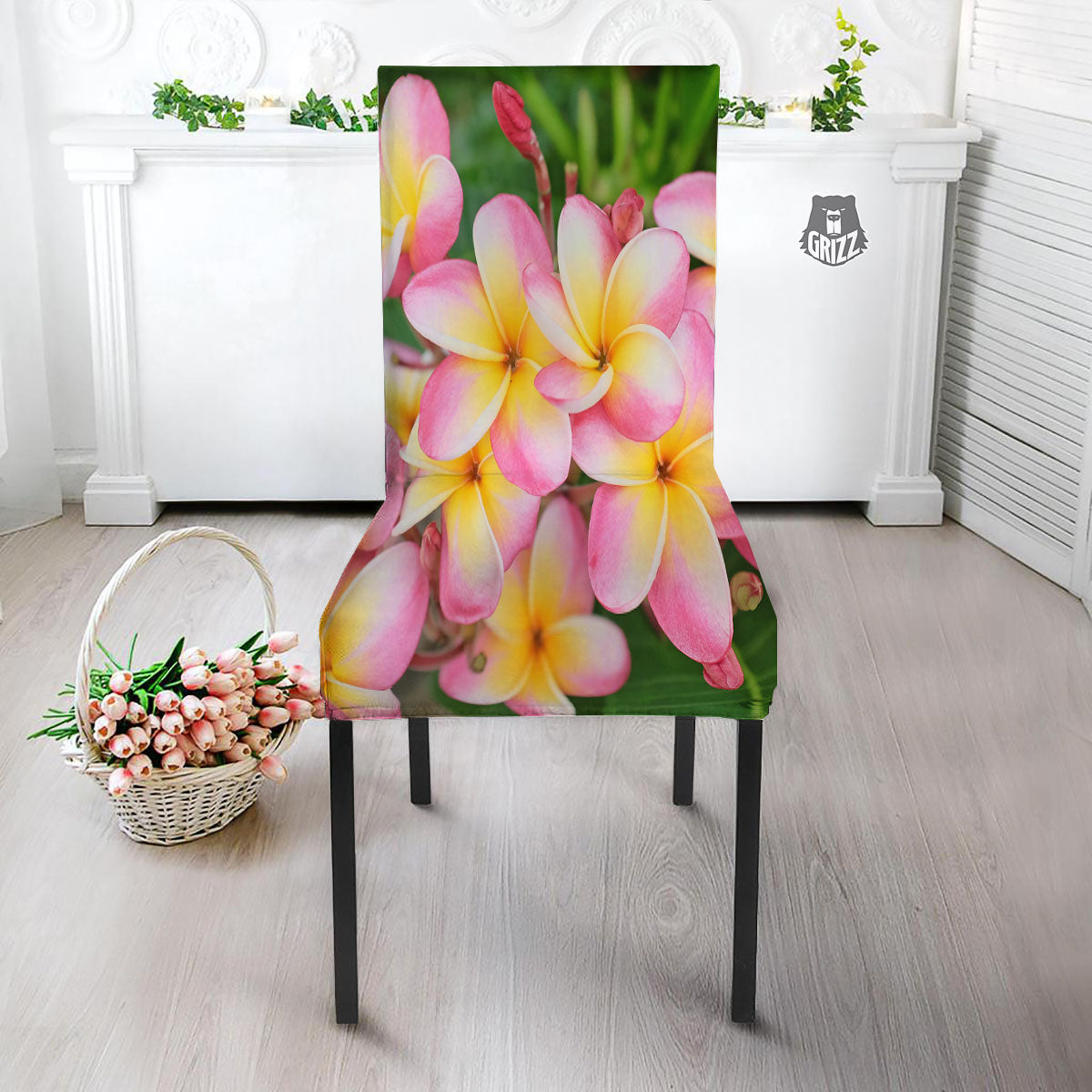 Plumeria Flower Yellow And Pink Print Dining Chair Slipcover-grizzshop