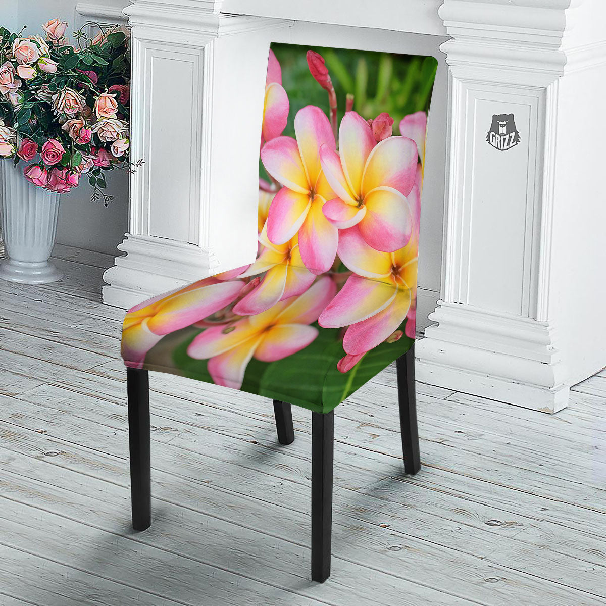 Plumeria Flower Yellow And Pink Print Dining Chair Slipcover-grizzshop