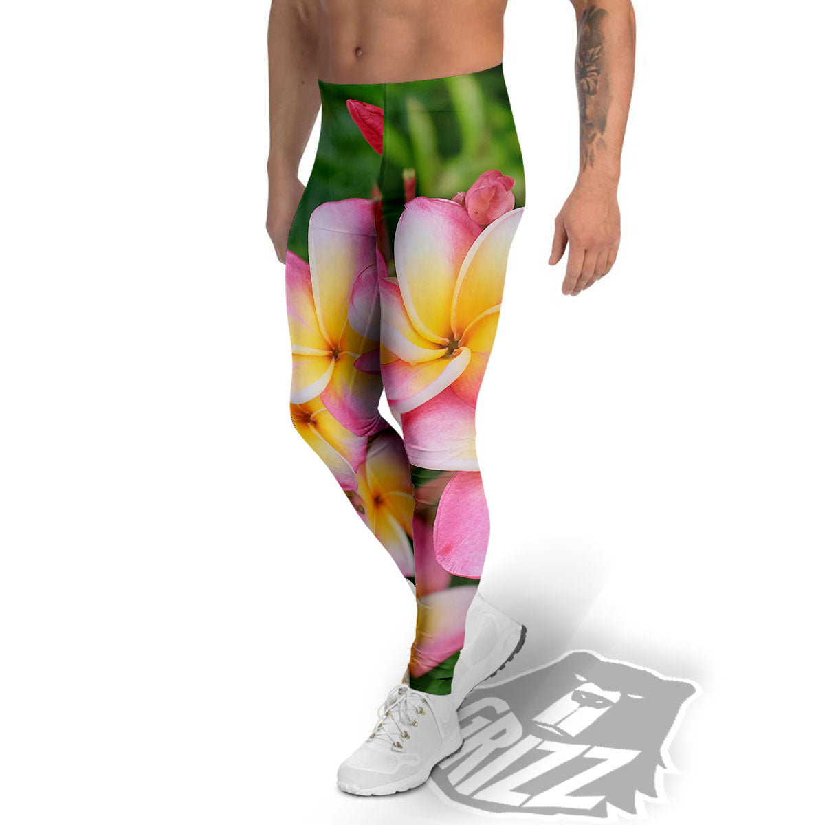 Plumeria Flower Yellow And Pink Print Men's Leggings-grizzshop