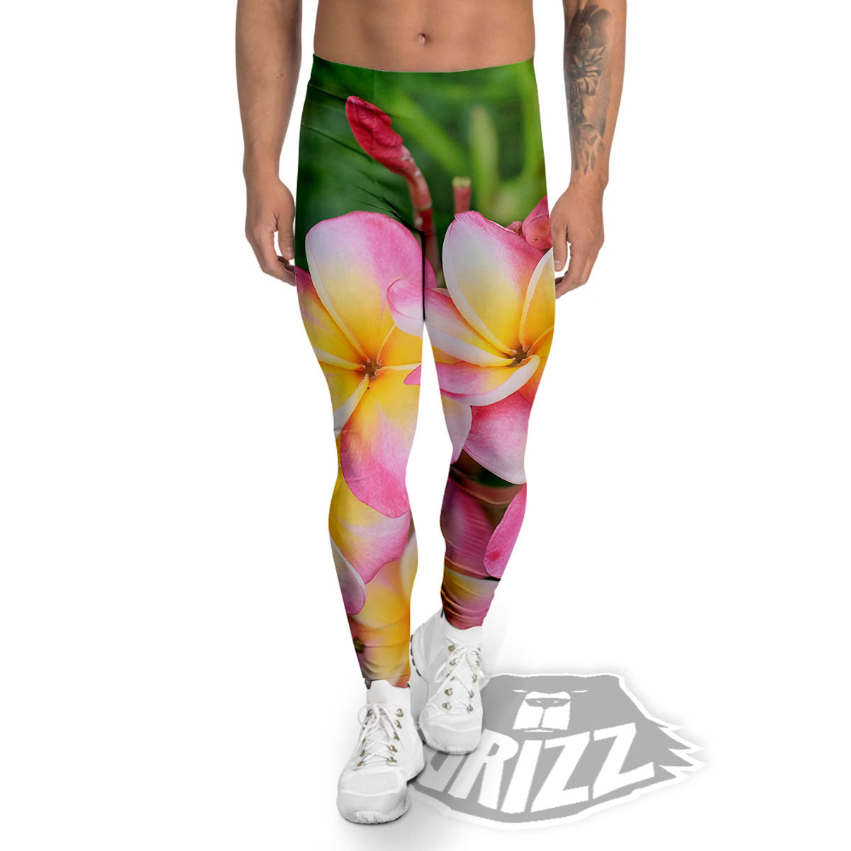 Plumeria Flower Yellow And Pink Print Men's Leggings-grizzshop