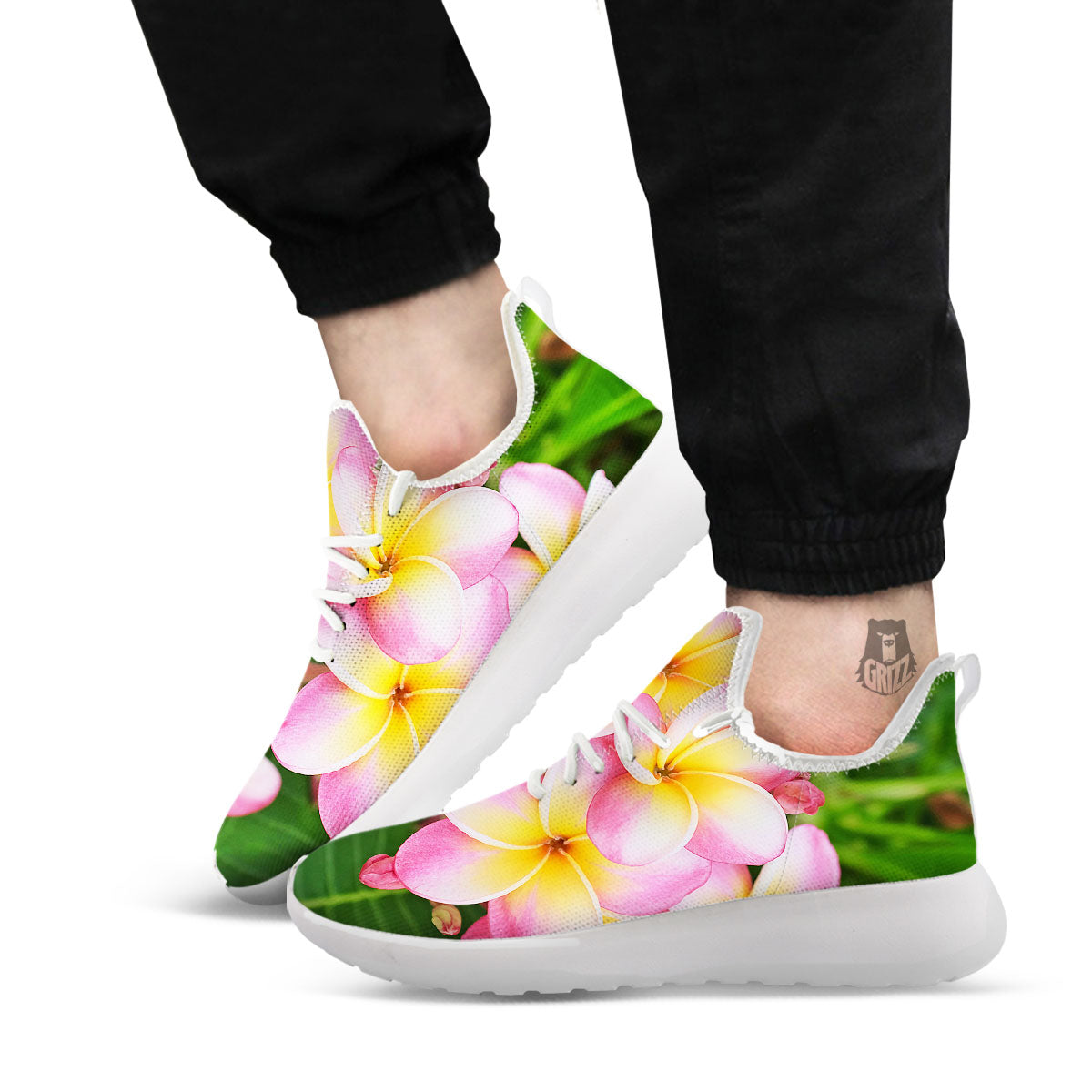 Plumeria Flower Yellow And Pink Print White Athletic Shoes-grizzshop