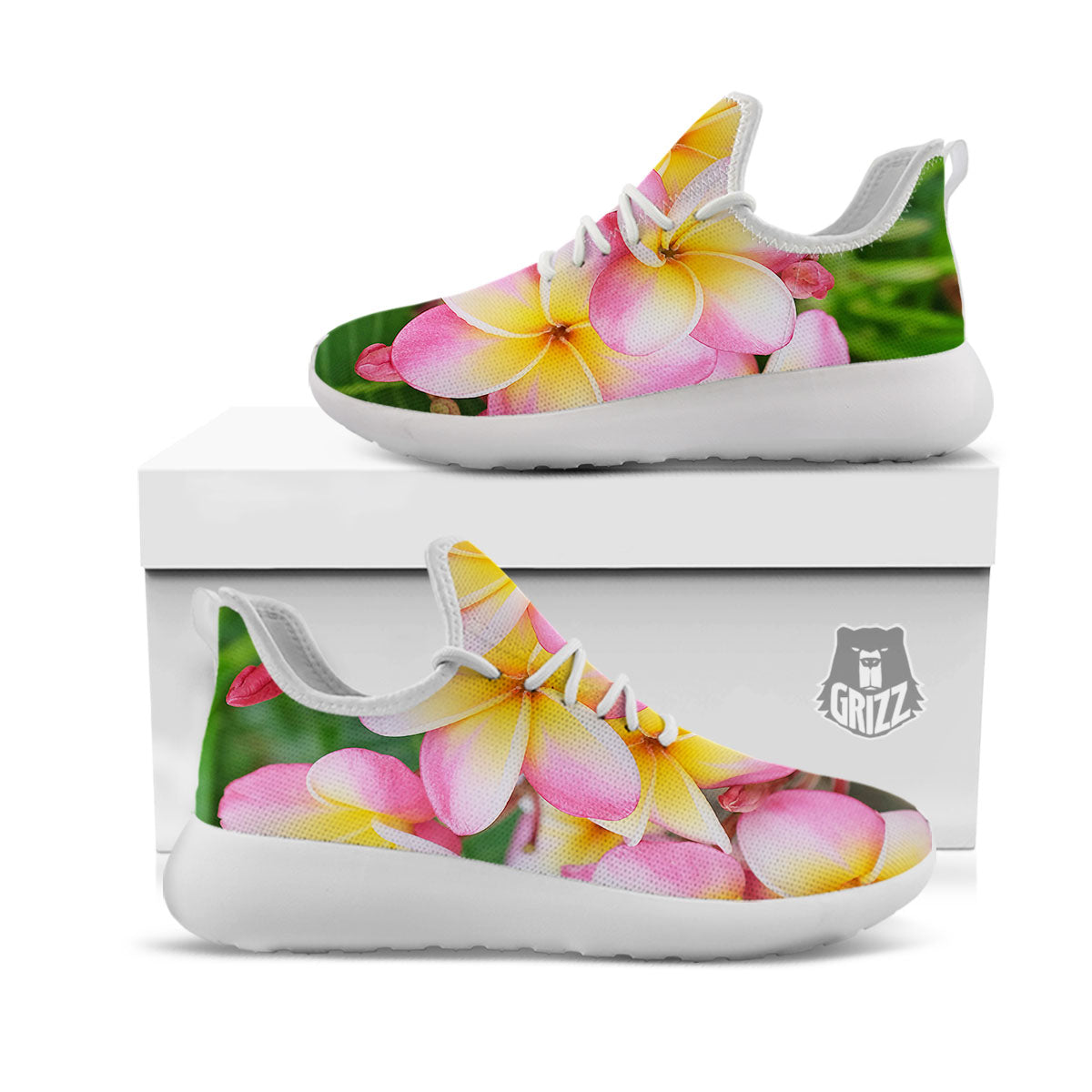 Plumeria Flower Yellow And Pink Print White Athletic Shoes-grizzshop