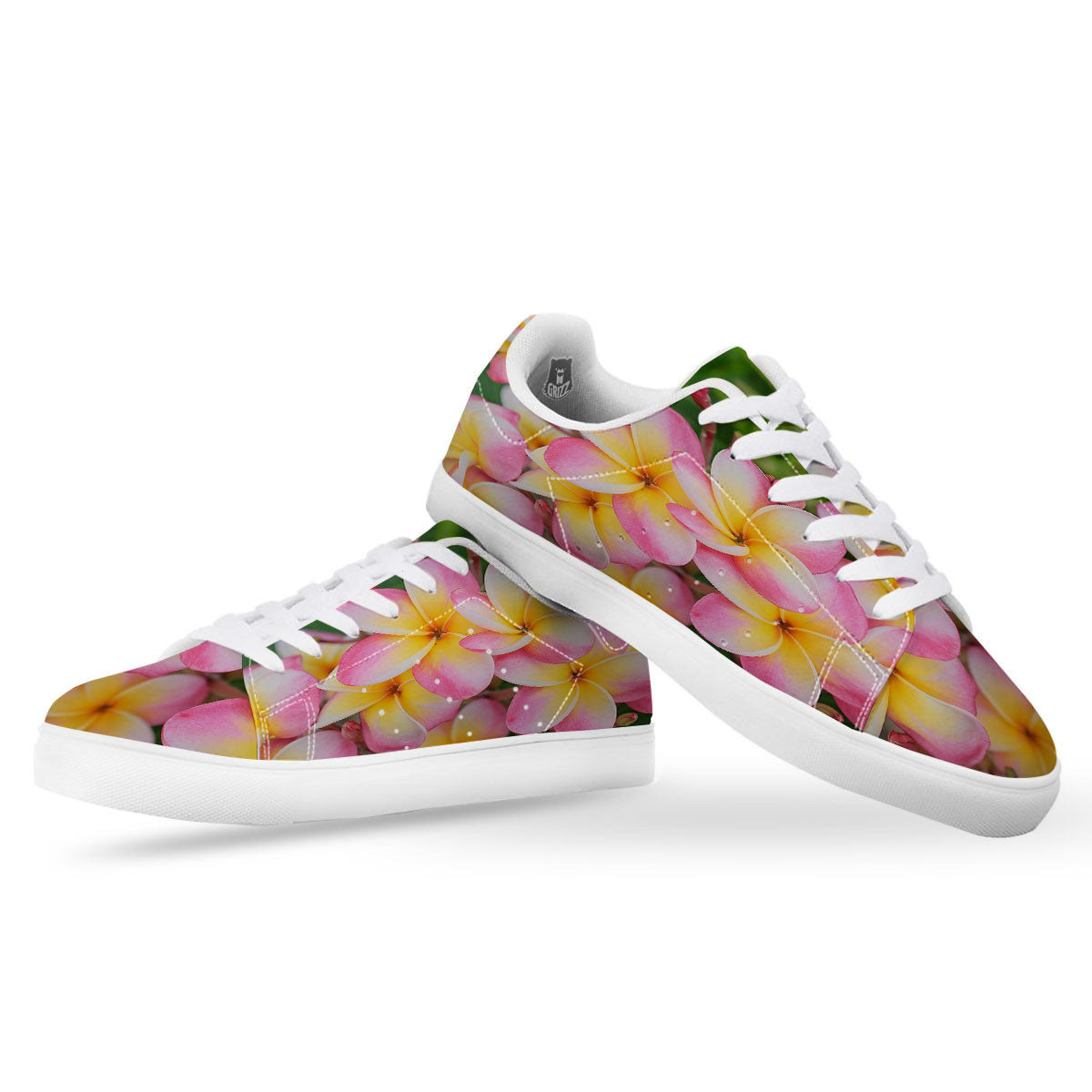 Plumeria Flower Yellow And Pink Print White Low Top Sneakers-grizzshop