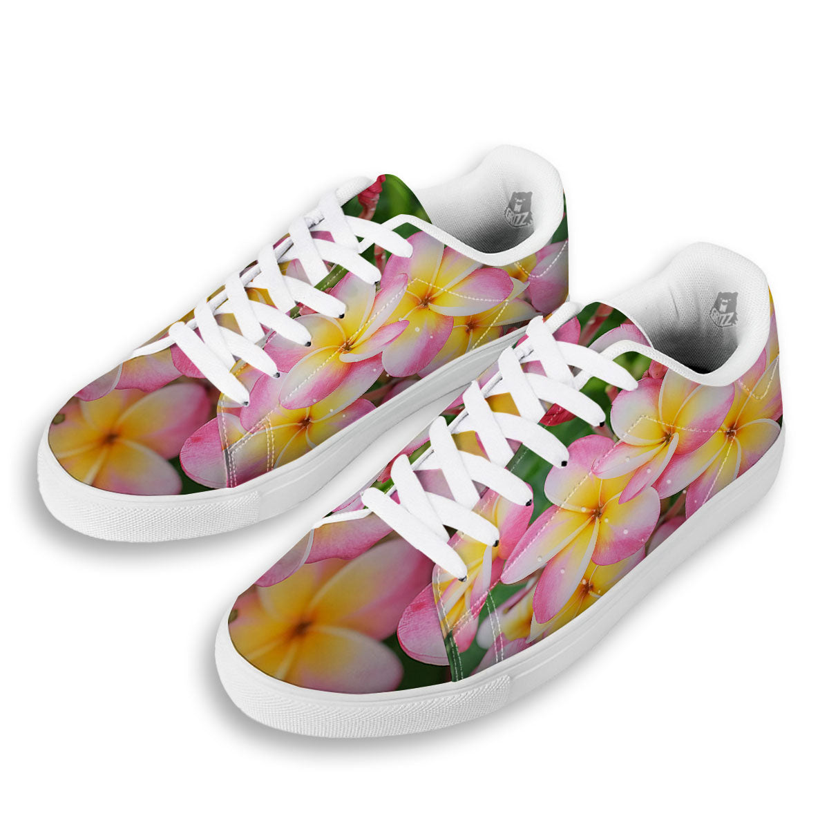 Plumeria Flower Yellow And Pink Print White Low Top Sneakers-grizzshop
