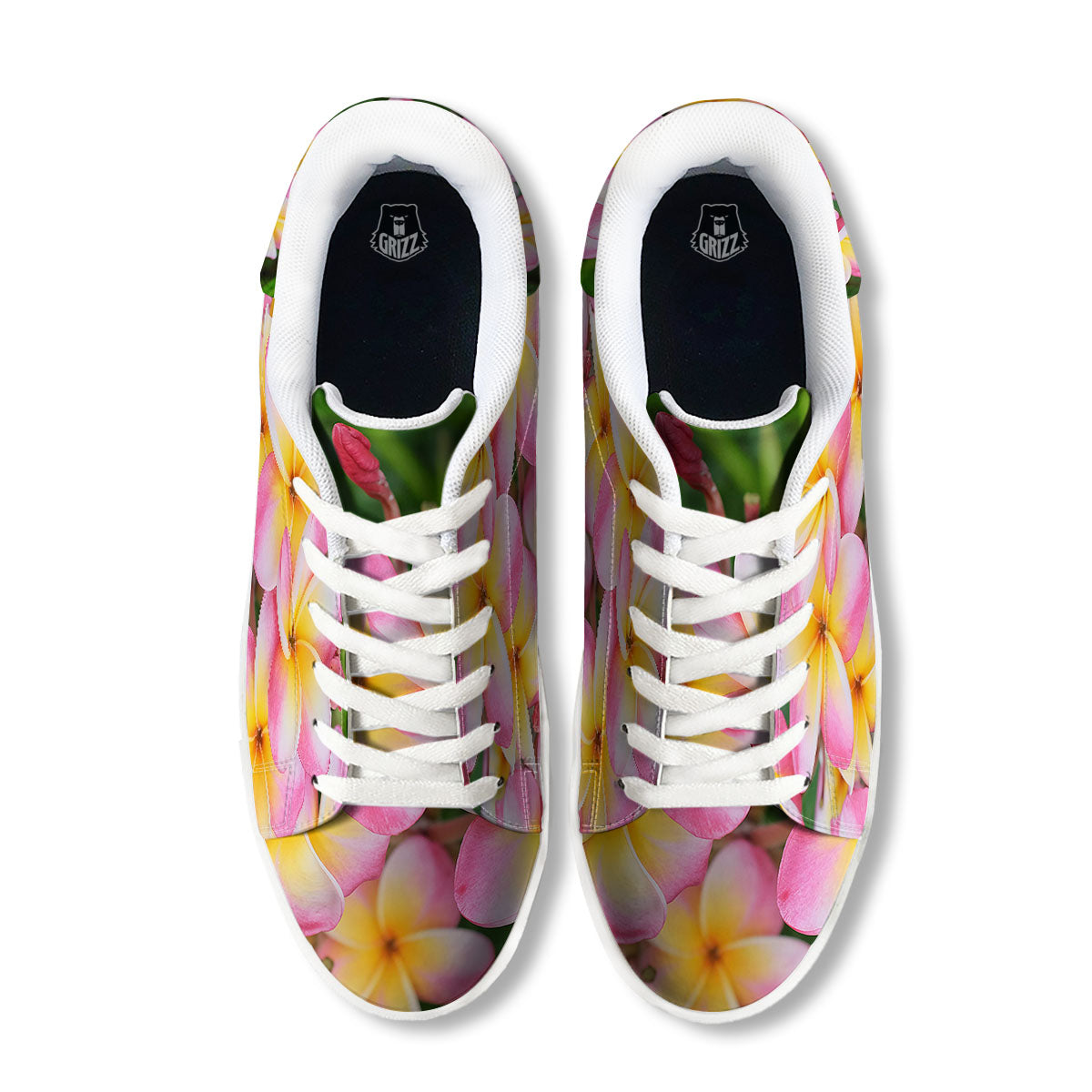 Plumeria Flower Yellow And Pink Print White Low Top Sneakers-grizzshop