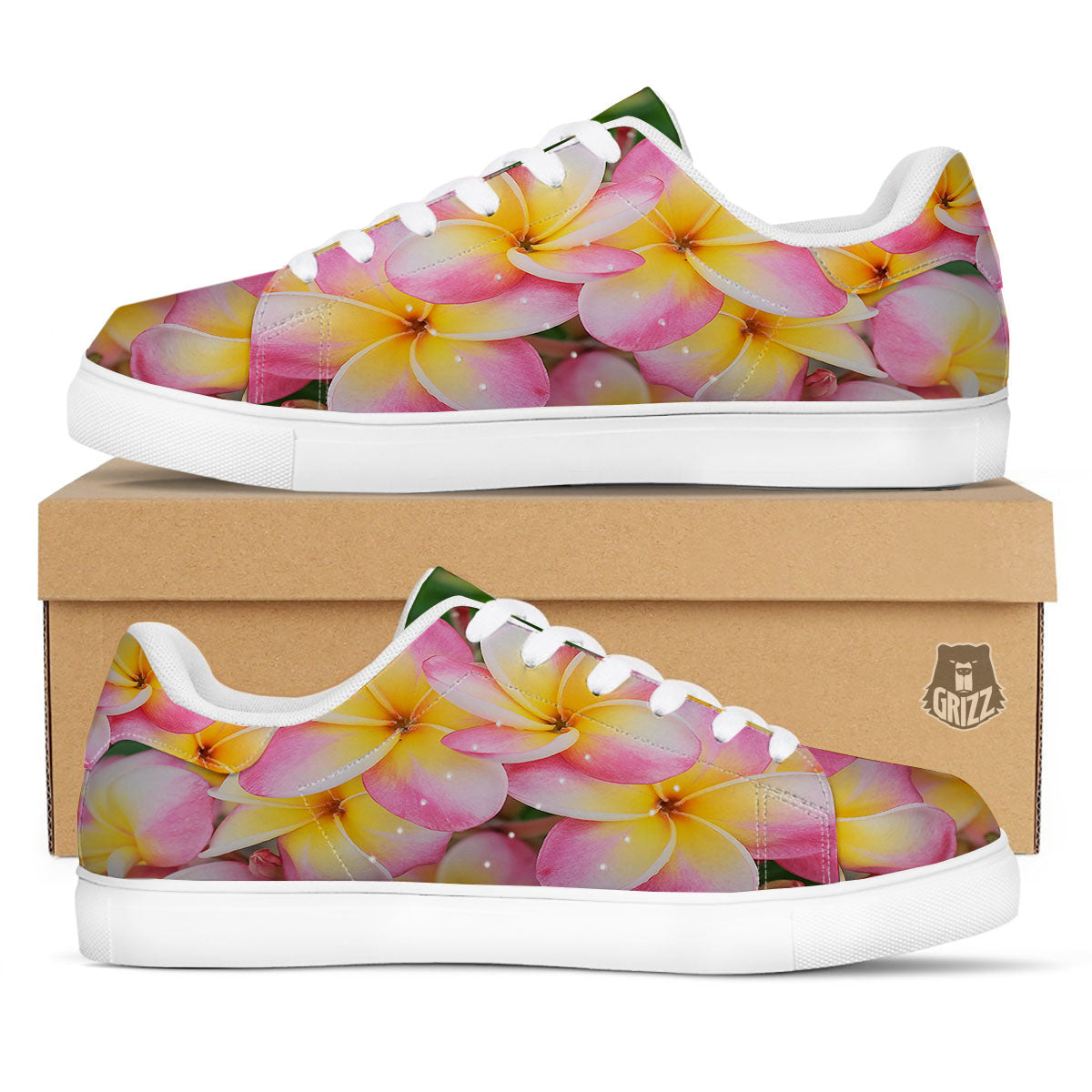 Plumeria Flower Yellow And Pink Print White Low Top Sneakers-grizzshop