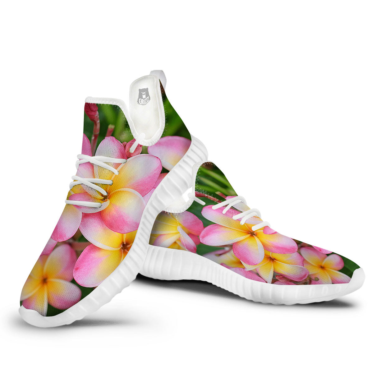 Plumeria Flower Yellow And Pink Print White Walking Shoes-grizzshop